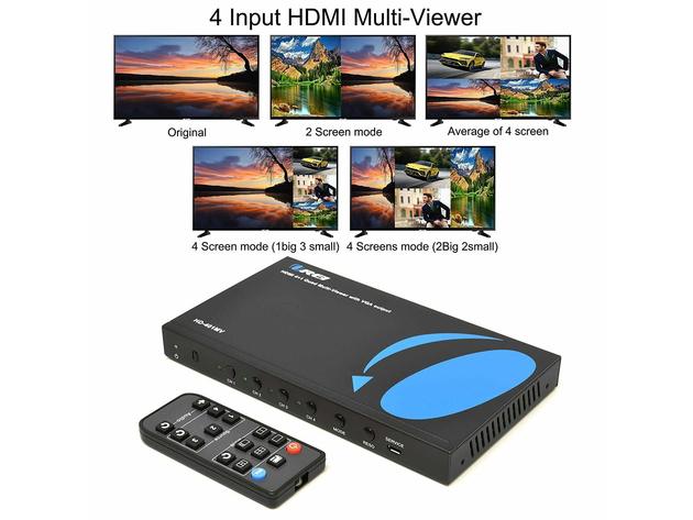Quad Multi HDMI Viewer 4 in 1 out by OREI HDMI Switcher 4 Ports Seamless Switcher and IR Remote Support 1080P for PS4/PC/DVD/Security Camera, HDMI Switch VGA Output - HD-401MV