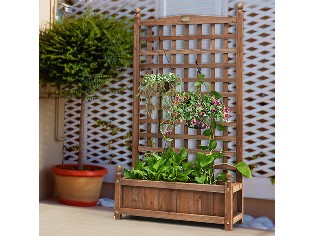 Costway Solid Wood Planter Box with Trellis Weather-Resistant Outdoor ...