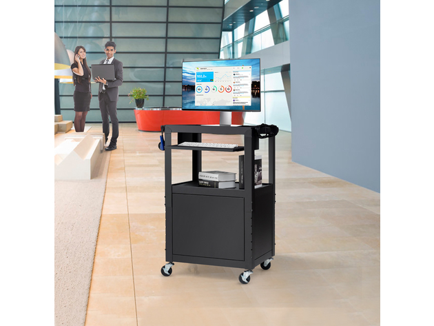 Costway Mobile Steel AV Presentation Cart Adjustable Height w/ Locked Cabinet & Keyboard - Black