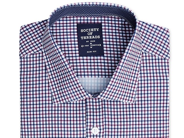 Society of Threads Men's Slim-Fit Performance Stretch Small Check Dress Shirt Red Size Large