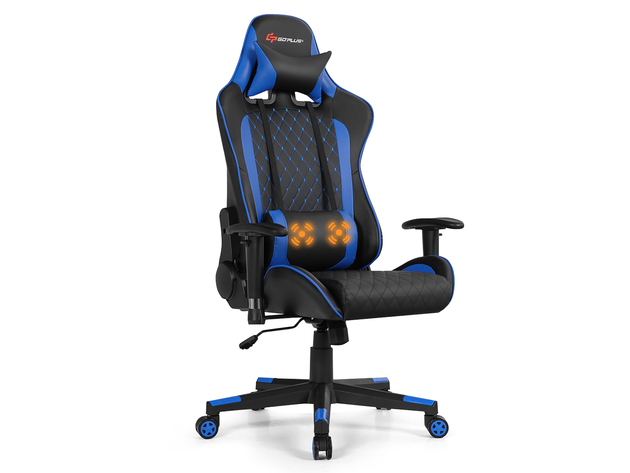 Goplus Massage Gaming Chair Reclining Racing Chair w/Lumbar Support and Headrest White\Blue\Pink\Red - Blue