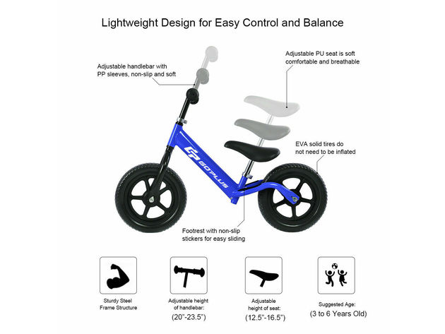 Goplus 12'' Balance Bike Classic Kids No-Pedal Learn To Ride Pre Bike w/ Adjustable Seat - Blue