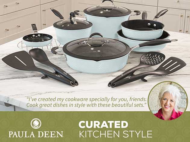 Paula Deen Family 14-Piece Non-Stick Ceramic Cookware Set (Sea Glass)