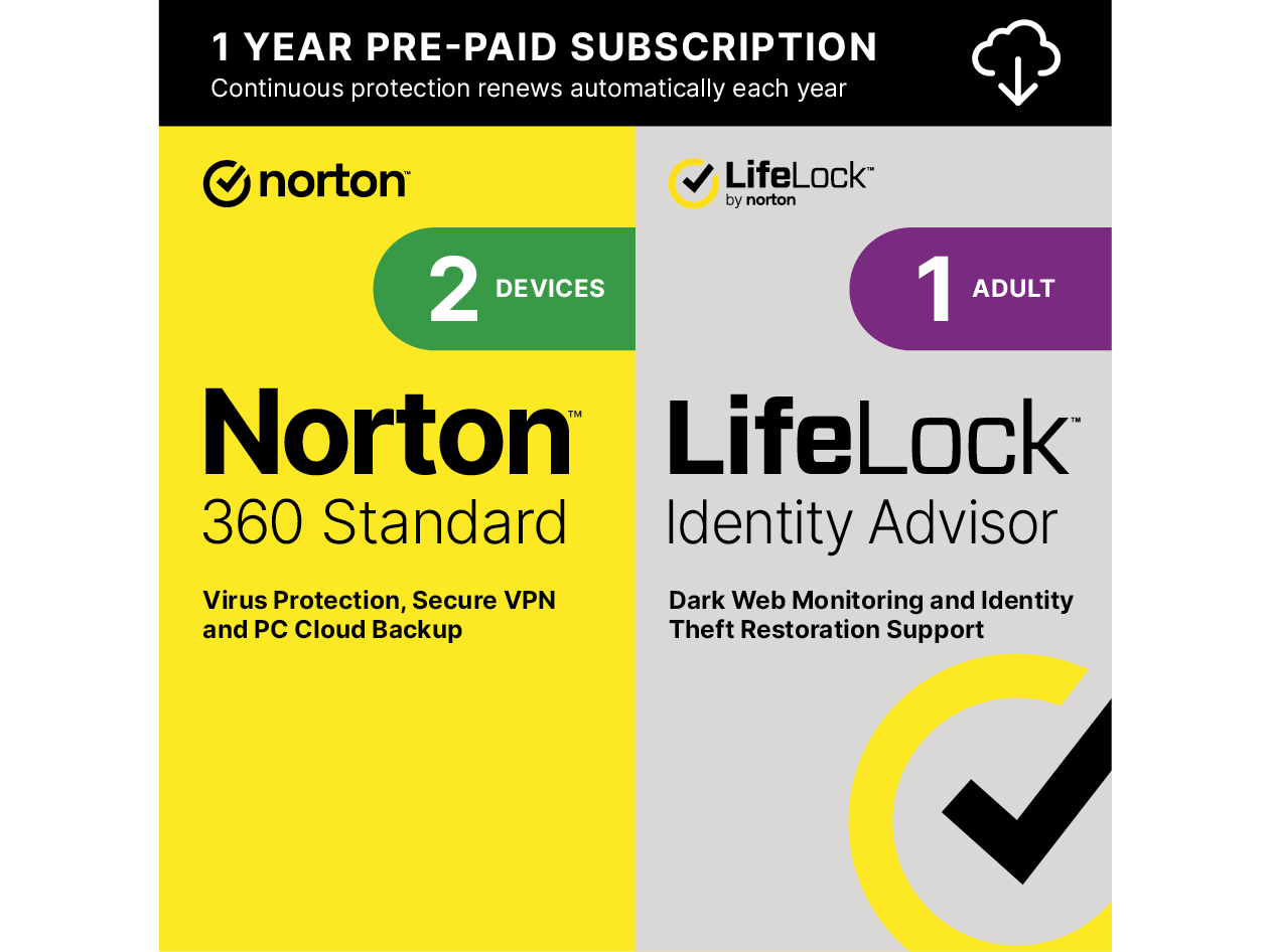 Norton 360 Standard (2 Device) w/ LifeLock Identity Advisor – Includes Antivirus Software, VPN, and Identity Theft Restoration Support - 1 Year Subscription