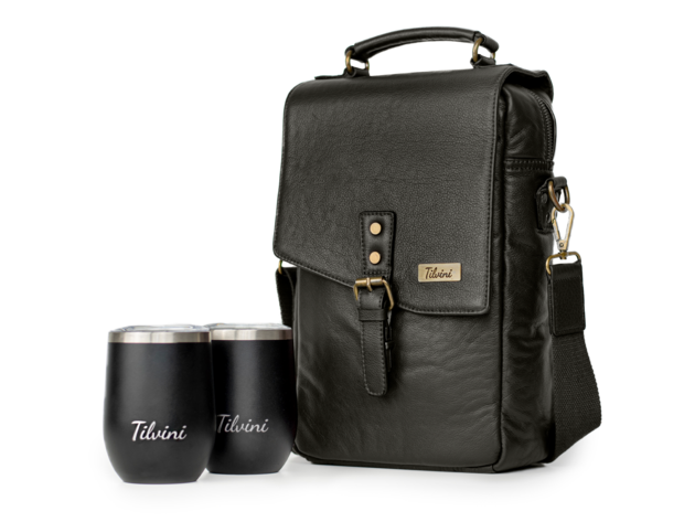Black Insulated Genuine Leather Wine Carrier Bag & 2 Wine Tumblers. Wine Cooler Bag For Women & Men