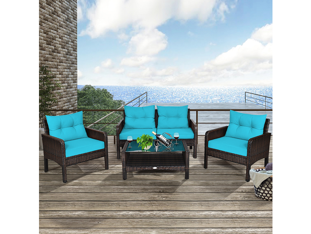 Costway 4PCS Patio Rattan Furniture Set Loveseat Sofa Coffee Table W/Turquoise Cushion