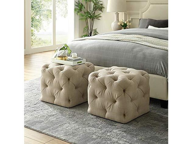 Inspired Home Square Shape Comfort and Warmth Angel Beige Linen Ottoman (new)
