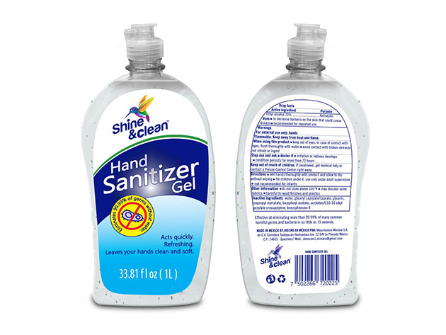 Two bottles of hand sanitizer, one showing the front of the bottle and the other showing the back