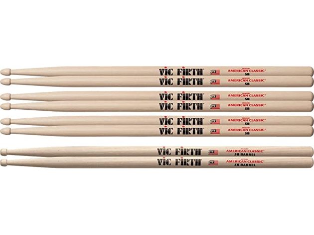 Vic Firth P5B.3-5BBRL 3-Pair 5B Sticks with Free Pair 5B Barrel Wood Tip, 16"