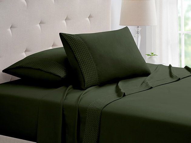 4-Piece Bamboo Blend Waffle Hem Sheet Set (Hunter Green/Twin) | StackSocial