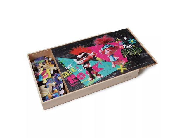 Cardinal Brand Trolls World Tour Puzzles Set in a Wooden Box, Perfect Gift for Any Trolls Fan, 7 Count