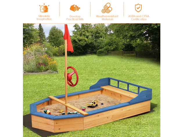 Costway Kids Pirate Boat Wood Sandbox w/ Bench Seat & Flag Pirate Sandboat for Bench