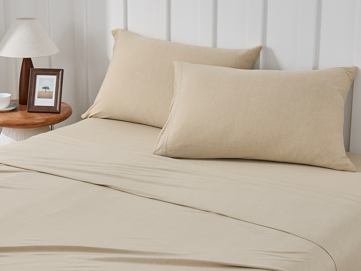 Kathy Ireland 4 Piece Heathered Jersey Knit Cotton Sheet Set (Queen/Oatmeal)