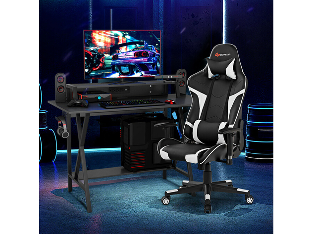 Goplus Gaming Computer Desk&Massage Gaming Chair Set w/Monitor Shelf Power Strip White\Blue\ Grey\Red - Black(Desk)+White(Chair)