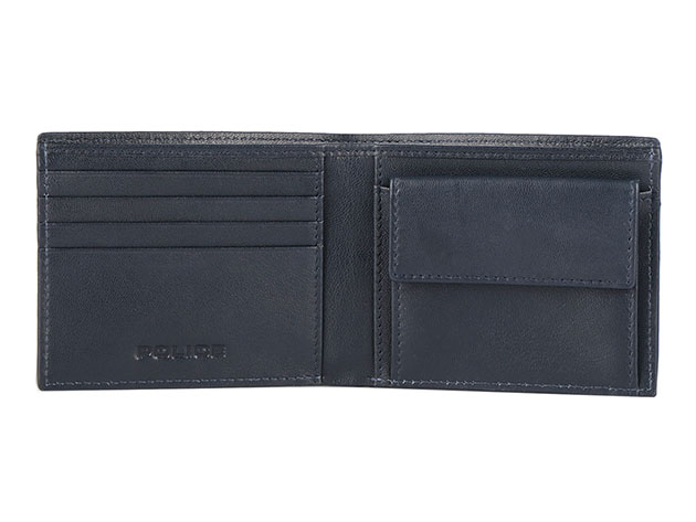 POLICE Men’s Slim Bifold Leather Coin Wallet (Navy) + Leather Belt (Black)