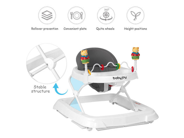 Baby Walker Adjustable Height Removable Toy Wheels Folding Portable White