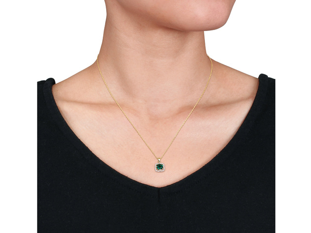 4/5 Carat (ctw) Lab Created Emerald Pendant Necklace in 10K Yellow Gold With Diamond 1/10 Carat (ctw) and Chain