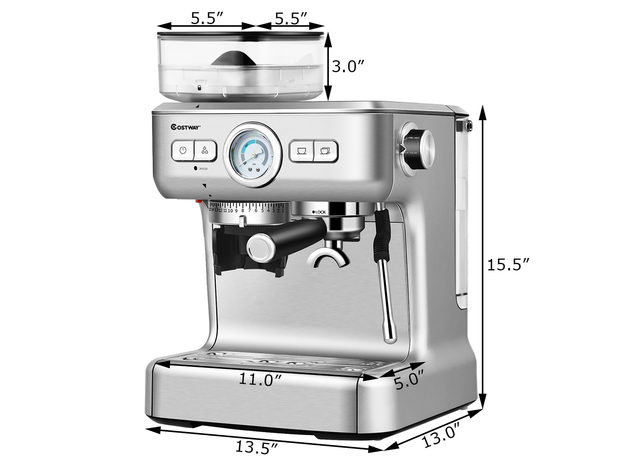 Costway Espresso Cappucino Machine Coffee Maker Stainless Steel w/ Grinder & Steam Wand - Silver