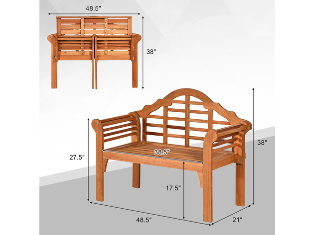 Costway 49'' Outdoor Folding Bench Eucalyptus Wood Backrest Armrest Patio Garden - Natural