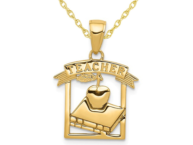 Teacher Apple and Book Charm Pendant Necklace in 14K Yellow Gold with Chain