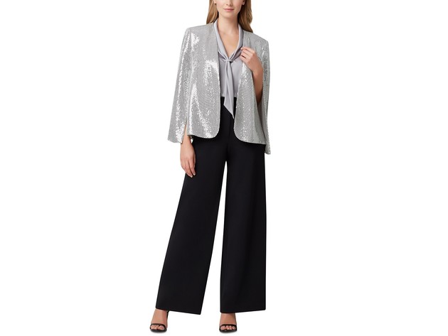 Tahari ASL Women's Shiny Cape Jacket Silver Metalic Size Small
