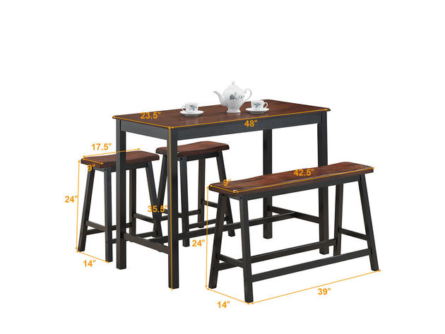 Costway 4 Pcs Solid Wood Counter Height Table Set w/ Height Bench & Two Saddle Stools