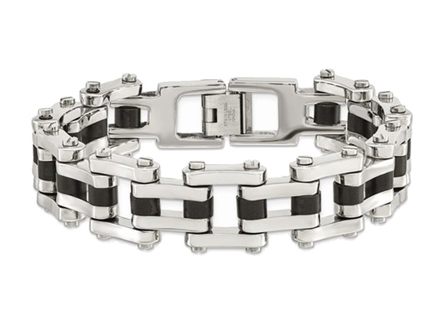 Mens Bracelet in Stainless Steel with Black Rubber 8.5 Inch