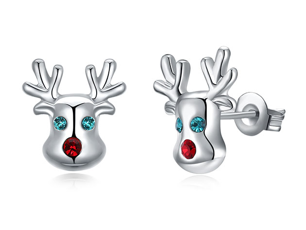 "Rudolf, The Reindeer" Stud Earrings with Red & Green Swarovski (White Gold)