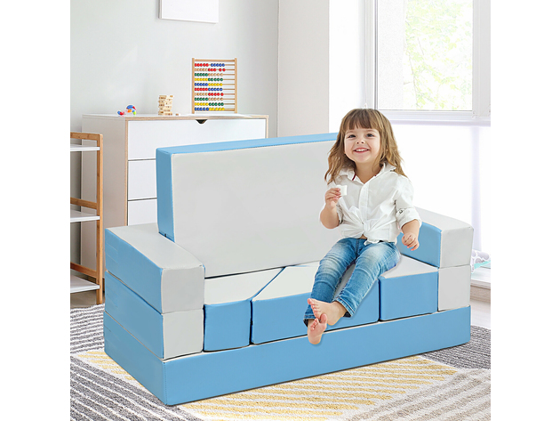 Costway 4-in-1 Crawl Climb Foam Shapes Playset Softzone Toy Kids Toddler Preschoolers - White + Blue