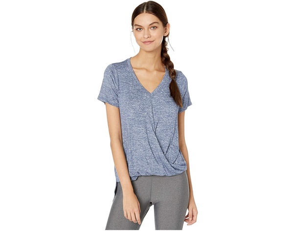 Calvin Klein Women's Short Sleeve V Neck Drape Front Top Blue Size Small