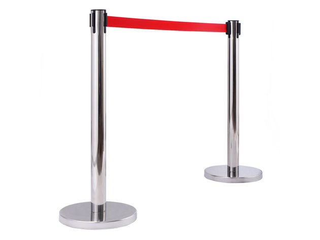 Costway 6Pcs Stanchion Posts Queue Pole Retractable Red Belt Crowd Control Barrier - Silver