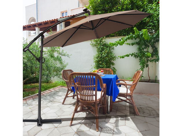 Costway 10FT Patio Offset Umbrella Solar LED 360degrees Rotation Tan