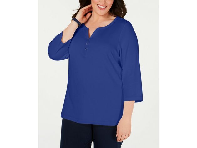 Karen Scott Women's Plus Size Cotton Split-Neck Top Blue Size Extra Large