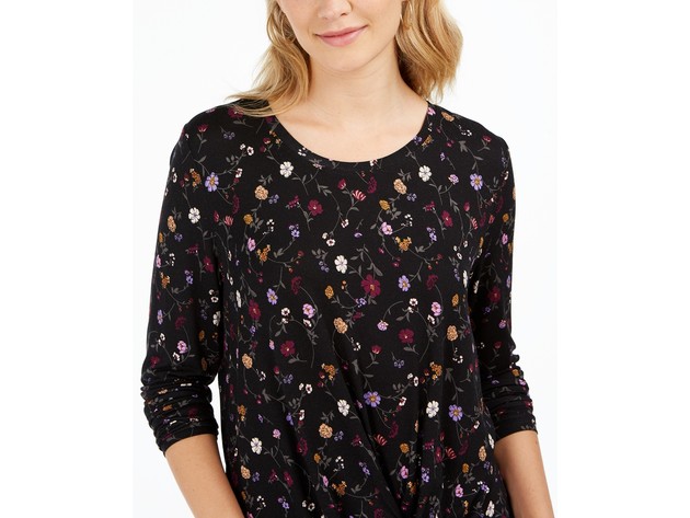 Style & Co Women's Floral-Print Twist-Front Top Black Size Medium