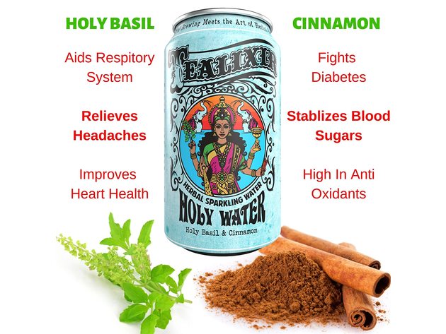 12-PACK Tealixir Herbal Sparkling Holy Water with Holy Basil and Cinnamon, 12 Ounces Each (144 Ounces)