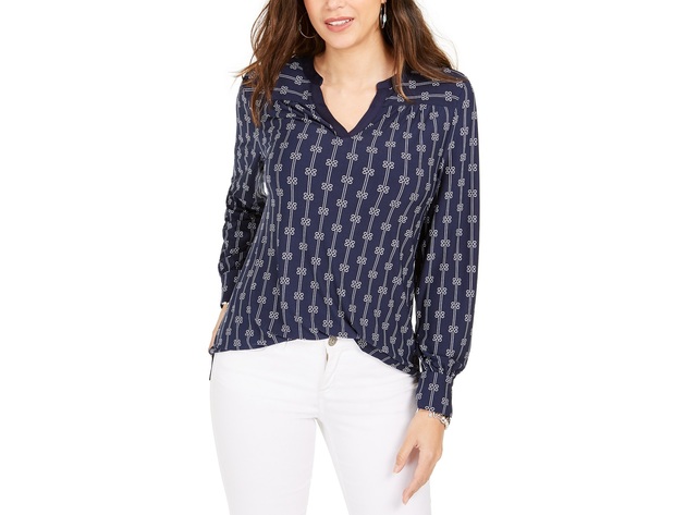 Charter Club Women's Petite Printed Split-Neck Top Blue Size Small
