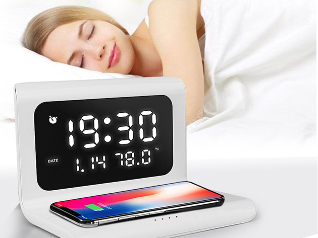 Alarm Clock with 10W Wireless Charging & LED Display (White/2-Pack)