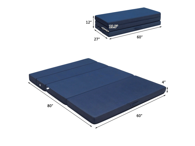 Queen Size 4'' Quart -Fold Foam Folding Mattress Futon Sleepover Sofa Bed Guest - Dark Blue