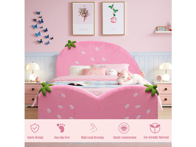 Costway Kids Children Upholstered Platform Toddler Bed Bedroom Furniture Berry Pattern - Pink