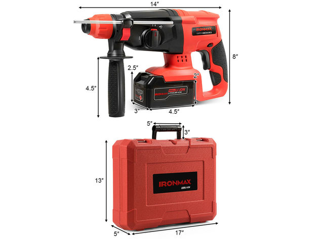 20V Cordless Lithium-Ion SDS Plus Rotary Hammer Drill 3 Mode w/ Drill Bits & Case