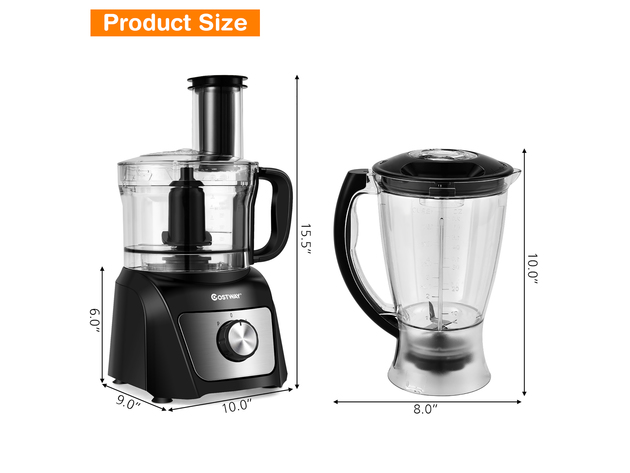 Costway 8 Cup Food Processor 500W Variable Speed Blender Chopper w/ 3 Blades - Black