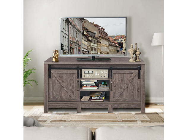 Costway TV Stand Sliding Barn Door Entertainment Center for TV's up to 55'' with Storage - Deep Taupe