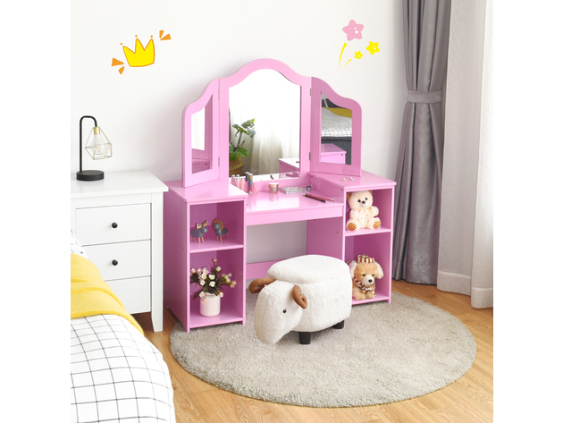 Costway Vanity Table Set Makeup Dressing Kids Girls Study Table Tri Folding Mirror  WhitePink - Pink