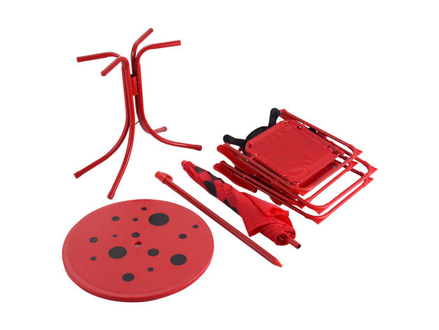 Costway Kids Patio Set Table And 2 Folding Chairs w/ Umbrella Beetle Outdoor Garden Yard Red