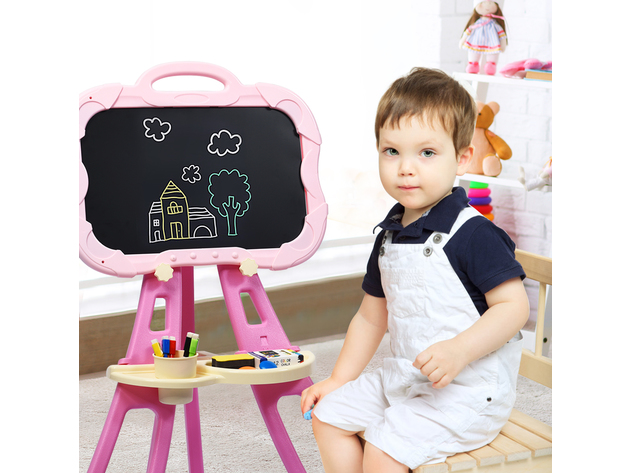 Costway 4 in 1 Kids Art Easel Magnetic Double Sided Chalkboard Whiteboard w/ Accessories - Pink
