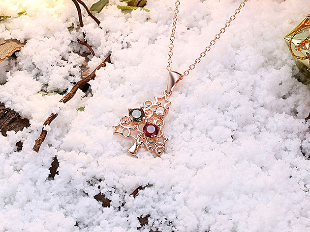 Large Rainbow Christmas Tree Necklace with Swarovski Crystals (Rose Gold)