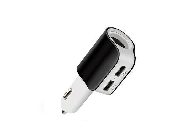 Twin Ports 3-In-1 USB Car Charger - Black/White - Product Image