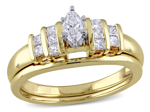 IGI Certified Marquise Cut 1/2 Carat (ctw Color H-I Clarity I2-I3) Diamond Engagement Ring & Wedding Band Set in 14K Gold - 10