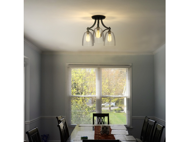 Costway 3-Light Semi Flush Mount Ceiling Light Fixture Vintage Clear Glass Pendant Lamp - Black