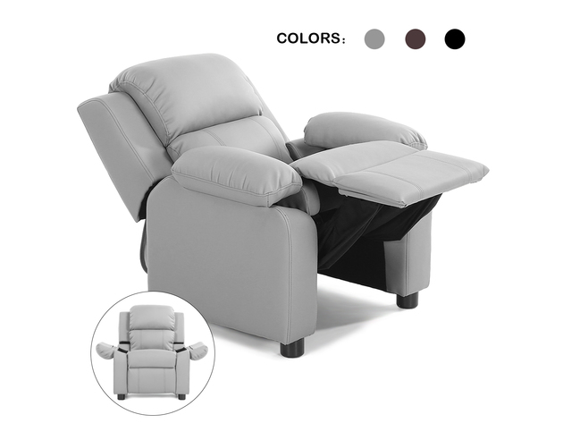 Deluxe Padded Kids Sofa Armchair Recliner Headrest Children w/ Storage Arms Gray 